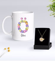 BK Gift Kişiye Özel Çiçek Temalı Harf Kupa ve Papatya Kolye Hediye Seti-18 (Model 1)