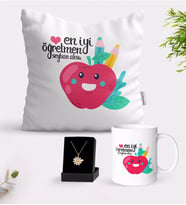 BK Gift Kişiye Özel En İyi Öğretmen Beyaz Kupa Yastık ve İsimli Papatya Kolye Hediye Seti-11 (Model 1)