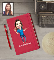 Kişiye Özel İş Kadını Karikatürlü  Kırmızı Defter Kalem Hediye Seti Bayan-12