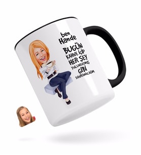 BK Gift Kişiye Özel Kadın Her Şey Yolundaymış Gibi Karikatürlü Siyah Kupa Bardak-2