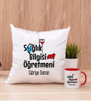 Sağlık Bilgisi Öğretmeni Kare Yastık ve Kırmızı Kupa Bardak