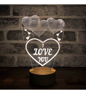 Üç Kalp I Love You Figürlü Dekoratif Hediye Led Masa Lambası 7 Işık Rengi Ahşap Taban