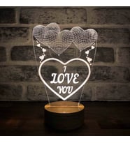 Üç Kalp I Love You Figürlü Dekoratif Hediye Led Masa Lambası 7 Işık Rengi Ahşap Taban