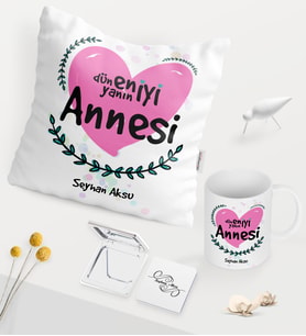 BK Gift Kişiye Özel Dünyanın En İyi Annesi Beyaz Kupa Ayna Yastık Seti - 11 (Model 1)