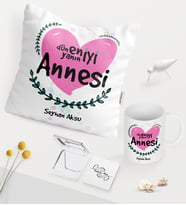 BK Gift Kişiye Özel Dünyanın En İyi Annesi Beyaz Kupa Ayna Yastık Seti - 11 (Model 1)