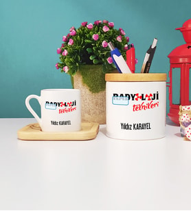 Radyoloji Teknikeri Ahşap Altlıklı Türk Kahvesi Fincanı ve Kalemlik Seti