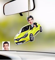 BK Gift Kişiye Özel Erkek Renault Mégane Karikatürlü Ahşap Plakalı Araba Dikiz Ayna Süsü (Beyaz)