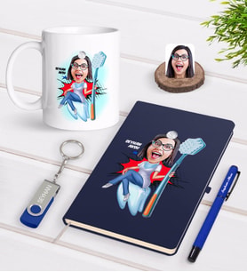 BK Gift Kişiye Özel Kadın Diş Hekimi Karikatürlü Lacivert Defter Kalem Kupa 32gb USB Bellek Hediye Seti-4 (Model 1)