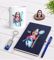 BK Gift Kişiye Özel Kadın Diş Hekimi Karikatürlü Lacivert Defter Kalem Kupa 32gb USB Bellek Hediye Seti-4 (Model 1)
