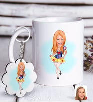 BK Gift Kişiye Özel Bayan Karikatürlü Beyaz Kupa ve Anahtarlık Hediye Seti (Model 1)