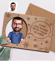BK Gift Kişiye Özel Bay Karikatürlü Retro Ahşap Yılbaşı Tebrik Kartı - 5