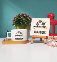Muhasebeci Ahşap Altlıklı Fincan ve Dekoratif Taş Baskı Seti