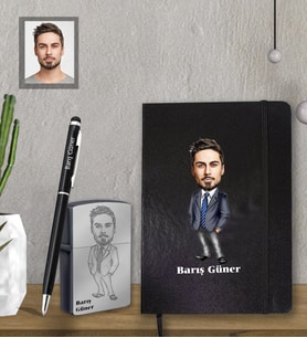 Kişiye Özel Öğretmen Karikatürlü  Siyah Defter Kalem Çakmak Hediye Seti  Bay-7 (Model 1)