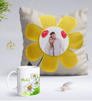 BK Gift Kişiye Özel Fotoğraflı Papatya Yastık Kupa ve Çift İsimli Papatya Kolye-7 (Model 1)