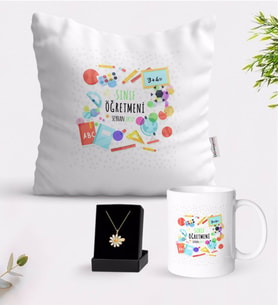 BK Gift Kişiye Özel Sınıf Öğretmeni Beyaz Kupa Yastık ve İsimli Papatya Kolye Hediye Seti-10 (Model 1)
