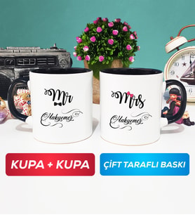 İkili Çiftlere Özel Mr Mrs Sevgiliye Hediye Kupa Bardak Siyah