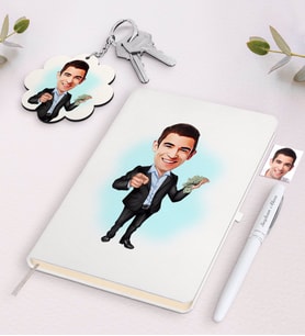 BK Gift Kişiye Özel Erkek Bankacı Karikatürlü Beyaz Defter Kalem ve Anahtarlık Hediye Seti (Model 1)