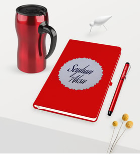 BK Gift Kişiye Özel Kabartma Plakalı Kırmızı Defter Kalem Kırmızı Termos Mug Seti (Model 1)