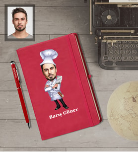 Kişiye Özel Kasap Karikatürlü  Kırmızı Defter Kalem Hediye Seti Bay-1