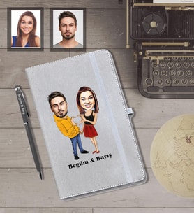 Kişiye Özel Sevgili Karikatürlü Gri Defter Kalem Hediye Seti  Model 7
