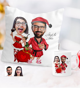 BK Gift Kişiye Özel Yılbaşı Temalı Sevgililer Karikatürlü Yastık Kupa Seti - 5