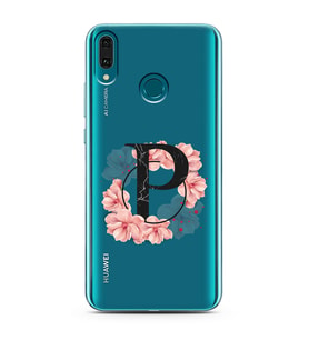 Pembe Çiçekli Harf Tasarım Süper Şeffaf Silikon Telefon Kılıfı Huawei Y9 (2019) 