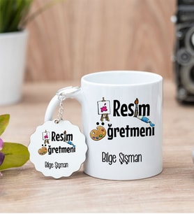 Resim Öğretmeni Beyaz Kupa Bardak Ve Anahtarlık Set