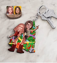 BK Gift Kişiye Özel Yeni Yıl Kız Kardeşler Karikatürlü Ahşap Anahtarlık-2 (Beyaz)