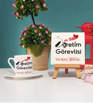Mesajlı Öğretim Görevlisi Türk Kahvesi Fincanı ve Dekoratif Taş Baskı Hediye Seti