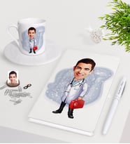 BK Gift Kişiye Özel Erkek Acil Tıp Teknisyeni Karikatürlü Beyaz Defter Kalem Türk Kahvesi Fincanı Seti-1 (Model 1)