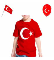 Unisex Baskılı Ay Yıldız Tshirt - Kırmız Renk Baskılı Tişört + Bayrak + Balon Hediyeli (Kırmızı)