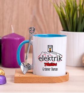 Elektrik Teknikeri Ahşap Altlıklı Mavi Kupa Bardak