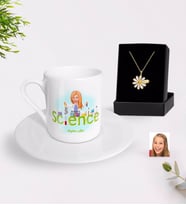BK Gift Kişiye Özel Bayan Fen Bilimleri Öğretmeni Karikatürlü Türk Kahvesi Fincanı ve İsimli Papatya Kolye Hediye Seti (Model 1)