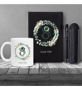 Kişiye Özel 8 Mart Dünya Kadınlar Günü Siluet  Baskılı Sİyah Defter Siyah Roller Kalem ve Kupa Seti