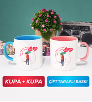 İkili Sevgiliye Sevgililer Günü Hediyesi 3 Kupa Bardak Mavi Pembe