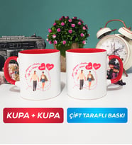 İkili Sevgiliye Sevgililer Günü Hediyesi 4 Kupa Bardak Kırmızı