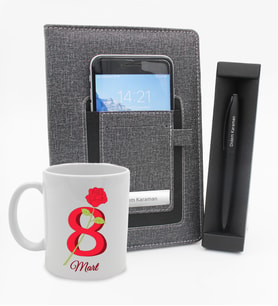 8 Mart Dünya Kadınlar Gününe Özel Kupa & Telefon Cepli Gri Defter & Roller Kalem Hediye Seti (Model 2)