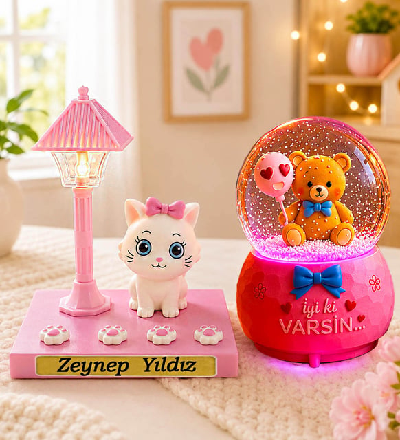 Kişiye Özel İsimli Sevimli Kedi Masa Lambası & Balonlu Panda Işıklı Kar Küresi