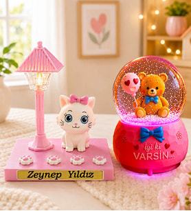Kişiye Özel İsimli Sevimli Kedi Masa Lambası & Balonlu Panda Işıklı Kar Küresi