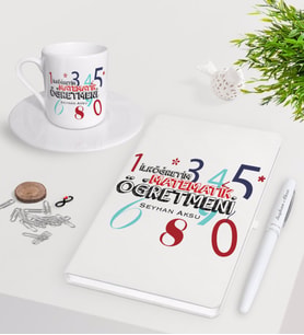 BK Gift Kişiye Özel İlköğretim Matematik Öğretmeni Beyaz Defter Kalem Türk Kahvesi Fincanı Seti (Model 1)