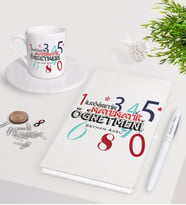 BK Gift Kişiye Özel İlköğretim Matematik Öğretmeni Beyaz Defter Kalem Türk Kahvesi Fincanı Seti (Model 1)
