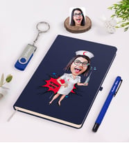 BK Gift Kişiye Özel Hemşire Karikatürlü Lacivert Defter Kalem 32gb USB Bellek Hediye Seti-1 (Model 1)