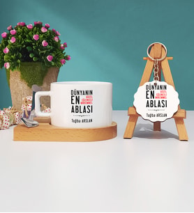 Abla Tasarımlı Kişiye Özel Hediye Abla Ahşap Altlıklı Fincan ve Anahtarlık Hediye Seti