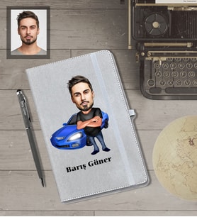 Kişiye Özel Erkek Karikatürlü Gri Defter Kalem Hediye Seti  Model-3