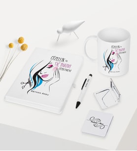 BK Gift Kişiye Özel Güzellik ve Saç Bakımı Öğretmeni Temalı Beyaz Defter Kalem Kupa Ayna Seti