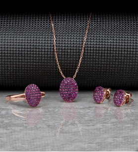Gümüş Zirkon Taşlı " Oval " Tasarım Kolye-Küpe-Yüzük Set (Rose)