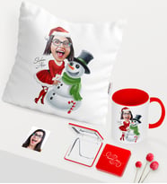 BK Gift Kişiye Özel Yılbaşı Temalı Bayan Karikatürlü Kırmızı Kupa Ayna Yastık Seti - 3