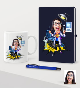 BK Gift Kişiye Özel Bayan Diş Hekimi Karikatürlü Lacivert Defter Kalem Kupa Seti - 1 (Model 1)