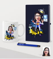 BK Gift Kişiye Özel Bayan Diş Hekimi Karikatürlü Lacivert Defter Kalem Kupa Seti - 1 (Model 1)
