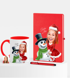 BK Gift Kişiye Özel Yılbaşı Temalı Bayan Karikatürlü Kırmızı Defter Kalem Kupa Seti - 4